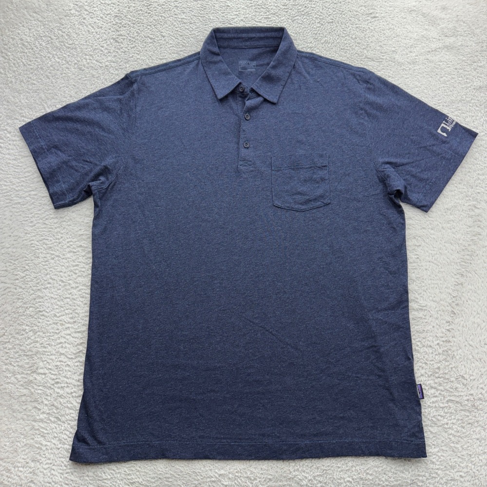 Patagonia Mens Organic Cotton Polo Shirt Navy Blue Heather Logo Size L
